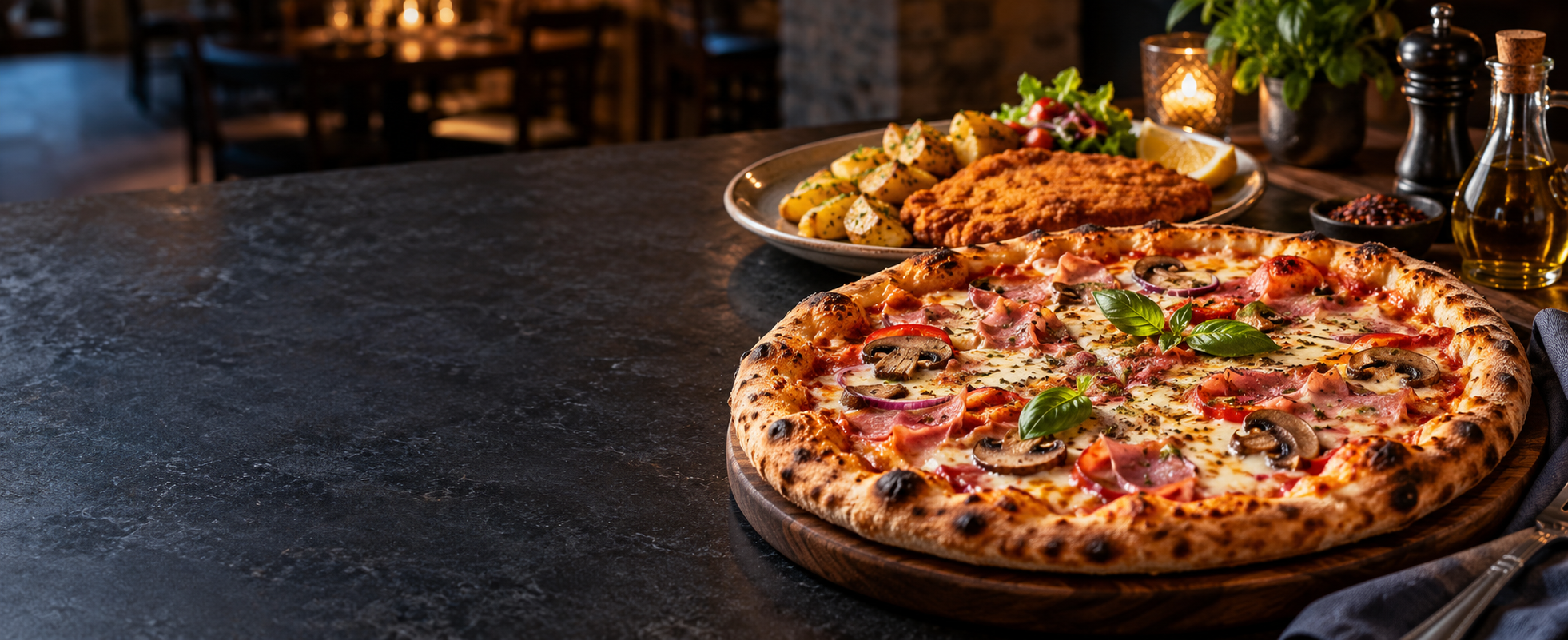 Frissen sült pizza és rántott hús körettel
